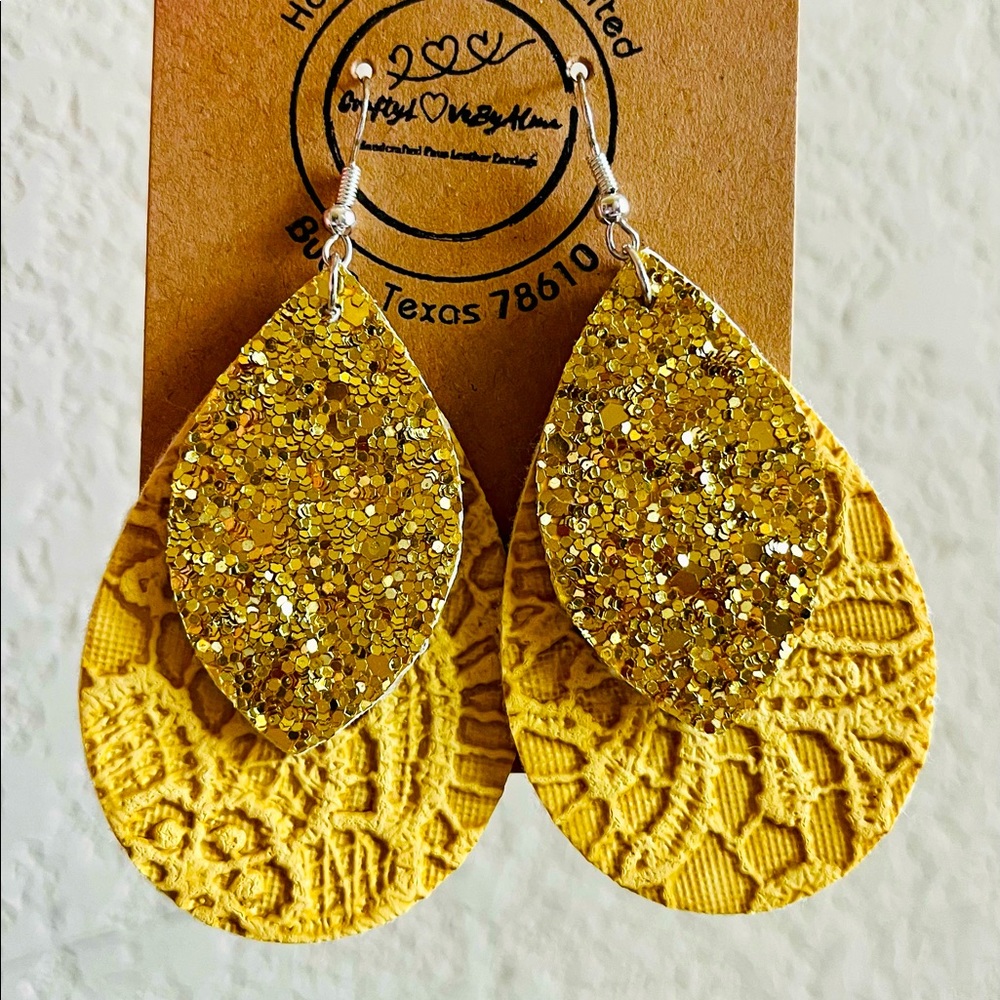 Yellow Laced Embroidery & Gold Chunky Glitters Layered Faux Leather Earrings